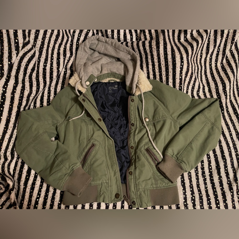 American Eagle Army Green Jacket with Detachable Hood